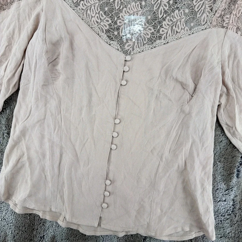 Free People Woman Blouse Large Mauve Rose lace top Boho 3/4 Sleeve NWOT